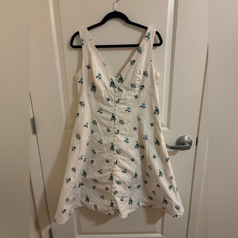 Anthropologie Sleeveless V-Neck Button Front Midi Dress, Embroidered Floral, XLP
